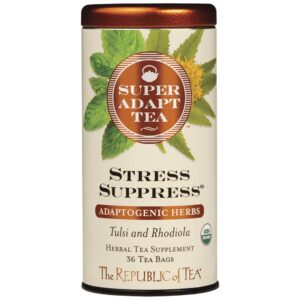 the republic of tea - superadapt stress suppress herbal tea, 36 tea bags, organic, caffeine free, tulsi and rhodiola herbal tea