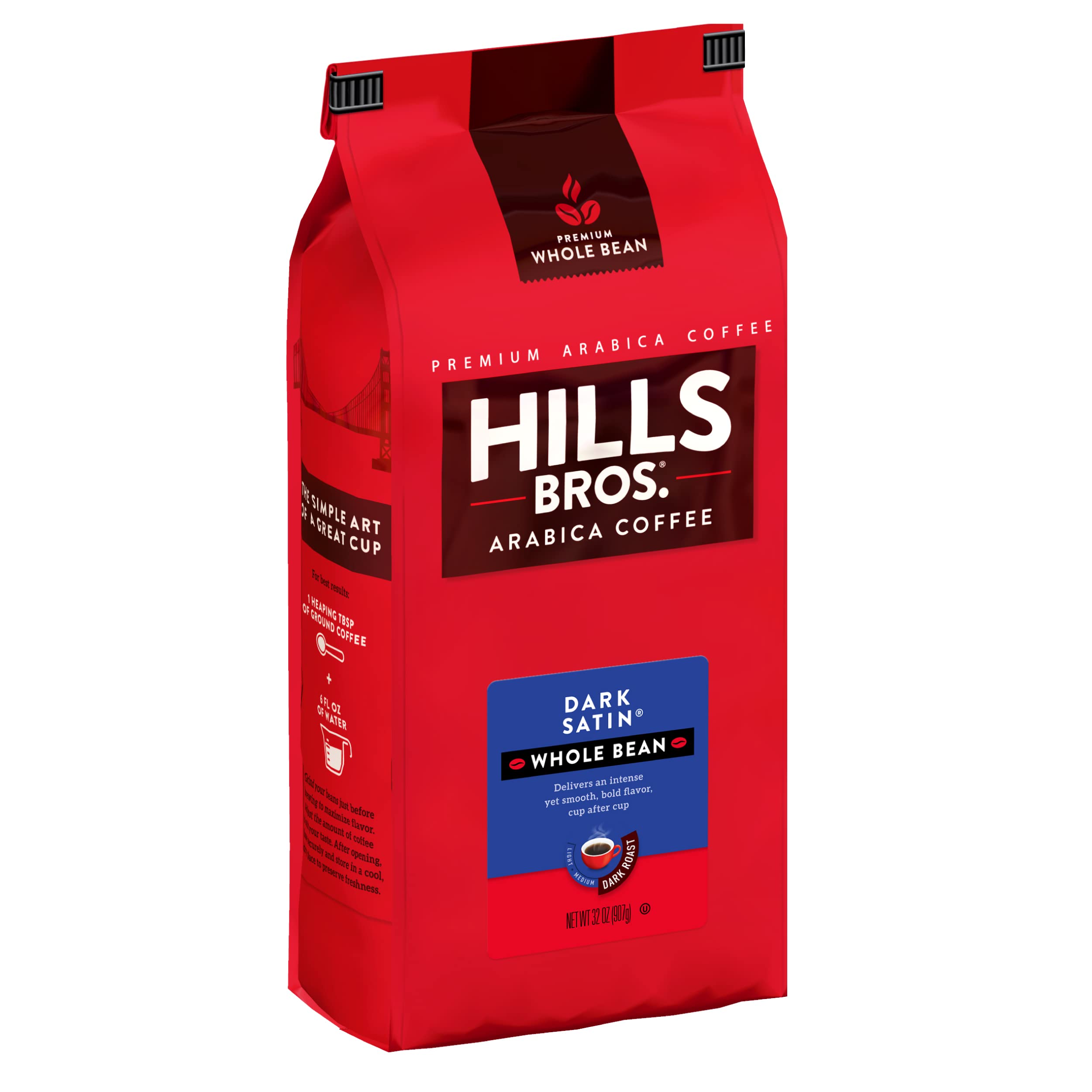 Hills Bros Dark Satin Whole Bean Coffee, Dark Roast - Arabica Coffee Beans – Full-Bodied Dark Blend Coffee with Bold Flavor, Intensity and a Smooth Finish (32 Oz. Bag)