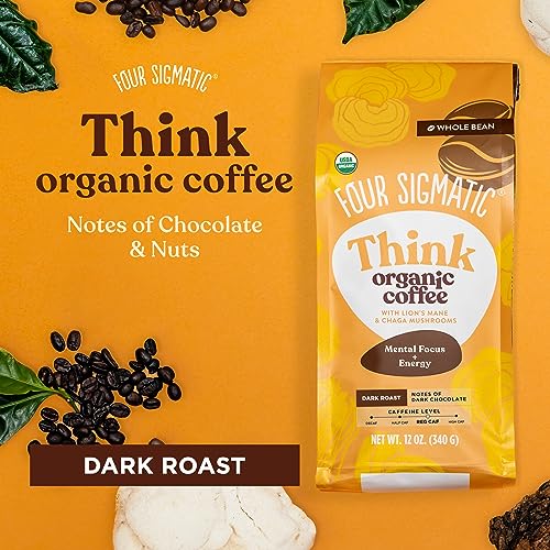 Dark Roast Organic Whole Bean Coffee by Four Sigmatic | Fair Trade Coffee Beans Coated with Lion's Mane, Chaga Mushrooms | Nootropic Mushroom Coffee for Enhanced Brain Function & Immune Support | 12oz