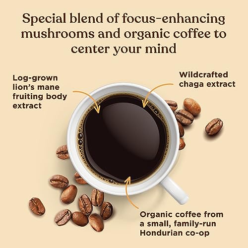 Dark Roast Organic Whole Bean Coffee by Four Sigmatic | Fair Trade Coffee Beans Coated with Lion's Mane, Chaga Mushrooms | Nootropic Mushroom Coffee for Enhanced Brain Function & Immune Support | 12oz