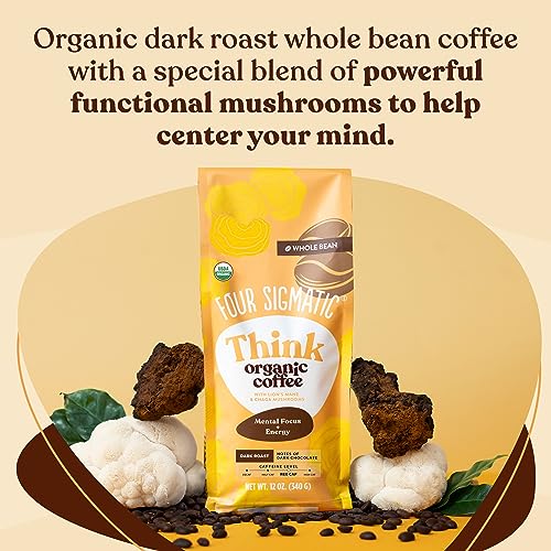 Dark Roast Organic Whole Bean Coffee by Four Sigmatic | Fair Trade Coffee Beans Coated with Lion's Mane, Chaga Mushrooms | Nootropic Mushroom Coffee for Enhanced Brain Function & Immune Support | 12oz