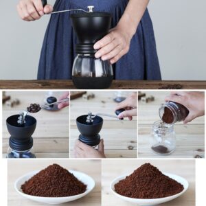 Manual Coffee Grinder with Ceramic Burrs, Hand Coffee Mill with Two Glass Jars(11oz each), Brush and Tablespoon Scoop