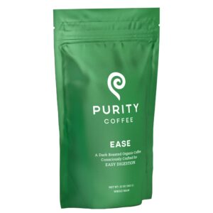 purity coffee ease dark roast low acid organic coffee - usda certified organic specialty grade arabica whole bean coffee - third party tested for mold, mycotoxins and pesticides - 12 oz bag