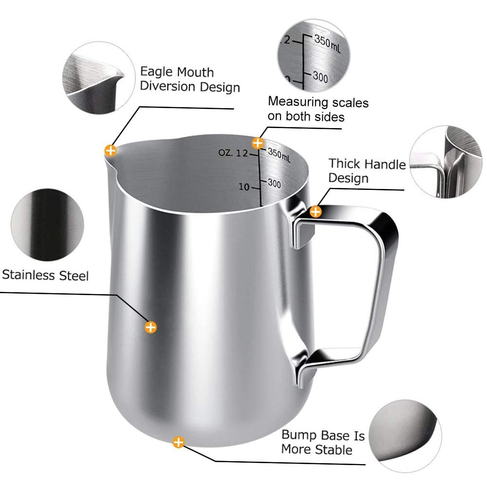 Milk Frothing Pitcher, 12Oz Milk Frother cup Espresso Cup Stainless Steel