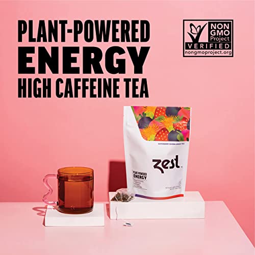 Zest 135mg High Caffeine Energy Leaf Blend - Superberry Samba Green Tea - 20 Pack Bag - Hot or Iced - All Natural Strong Flavored Healthy Coffee Highly Caffeinated Substitute - Perfect for Keto Diet