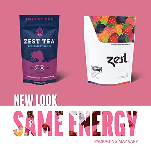 Zest 135mg High Caffeine Energy Leaf Blend - Superberry Samba Green Tea - 20 Pack Bag - Hot or Iced - All Natural Strong Flavored Healthy Coffee Highly Caffeinated Substitute - Perfect for Keto Diet