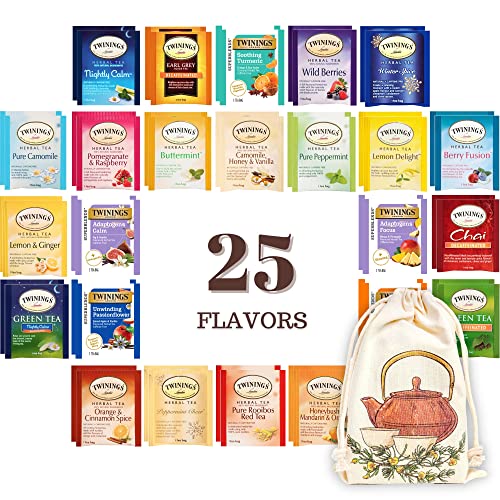 Twinings Herbal and Decaf Tea Bags - Caffeine-Free Variety Sampler - 25 Flavors, 50 Count - Individually Wrapped Packets