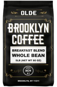 brooklyn coffee whole bean, breakfast blend light medium roast (5lb) delicate, smooth, low acidity - fresh bulk coffee beans roasted weekly in nyc