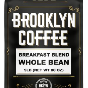 BROOKLYN COFFEE Whole Bean, Breakfast Blend Light Medium Roast (5lb) Delicate, Smooth, Low Acidity - Fresh Bulk Coffee Beans Roasted Weekly in NYC