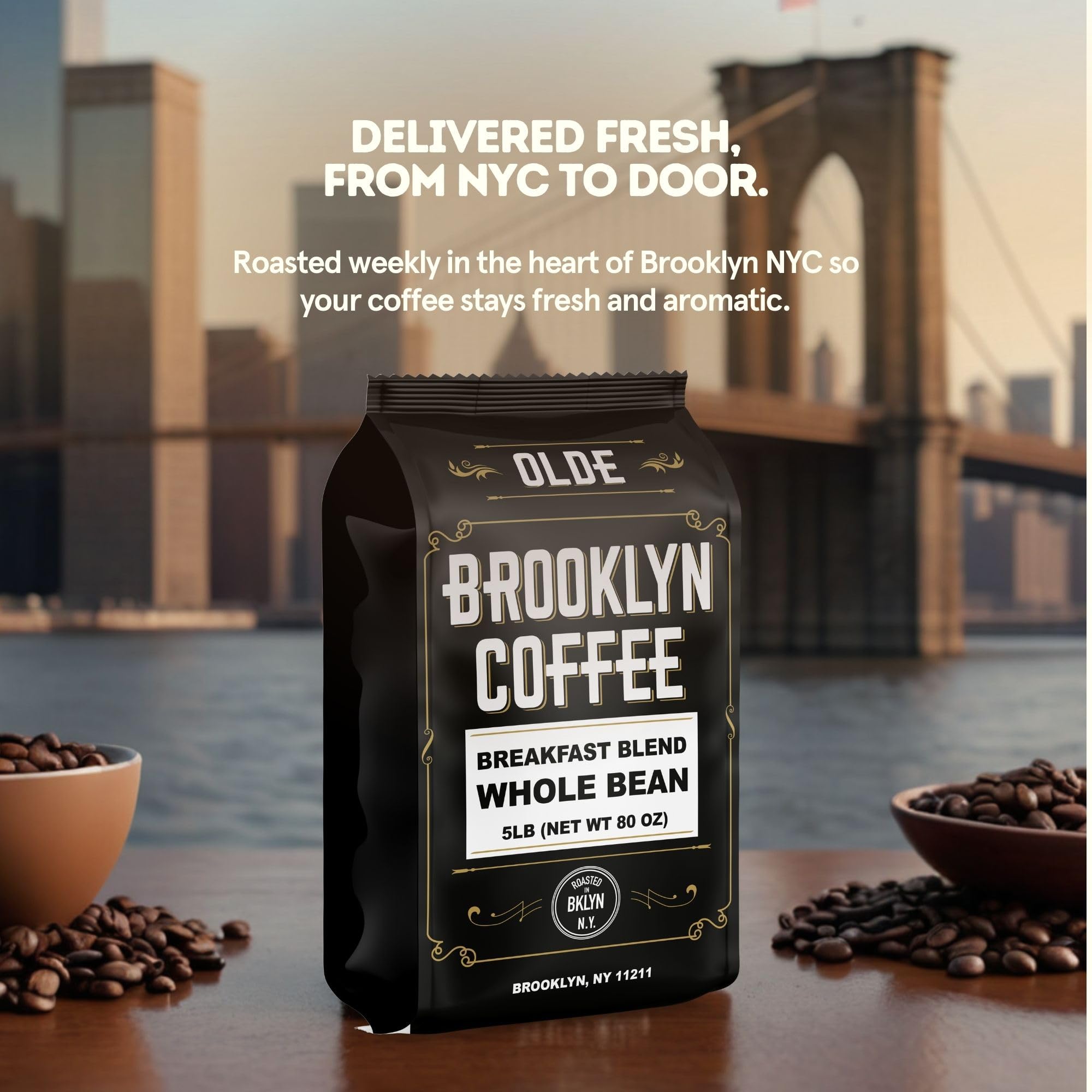 BROOKLYN COFFEE Whole Bean, Breakfast Blend Light Medium Roast (5lb) Delicate, Smooth, Low Acidity - Fresh Bulk Coffee Beans Roasted Weekly in NYC