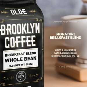 BROOKLYN COFFEE Whole Bean, Breakfast Blend Light Medium Roast (5lb) Delicate, Smooth, Low Acidity - Fresh Bulk Coffee Beans Roasted Weekly in NYC