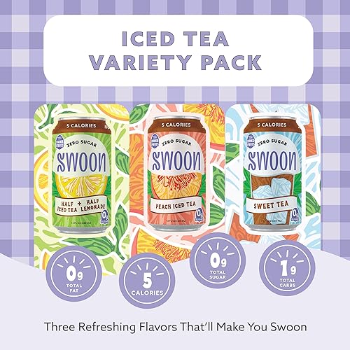 Swoon Iced Tea Variety Pack - Low Carb, Paleo-Friendly, Gluten-Free Keto Drink - Half + Half Iced Tea Lemonade, Peach Iced Tea, and Sweet Tea - 12 fl oz (Pack of 12)