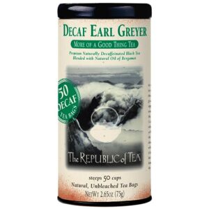 the republic of tea — decaf earl greyer black tea tin, 50 tea bags, environmentally- friendly decaffeinated tea