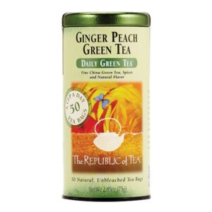 the republic of tea - ginger peach green tea, 50 tea bags, tin | flavored fruit tea | caffeinated