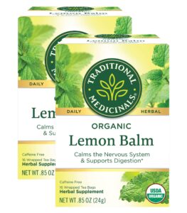 traditional medicinals organic lemon balm herbal tea, calming and supports digestion (pack of 2) - 32 tea bags total