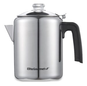 elite gourmet ec008 classic stovetop coffee percolator, glass clear brew progress knob, cool-touch handle, cordless serve, 8-cup, stainless steel