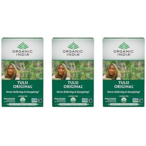 organic india tulsi original herbal tea - holy basil, stress relieving & energizing, immune support, adaptogen, vegan, usda certified organic, non-gmo, caffeine-free - 18 infusion bags, 3 pack