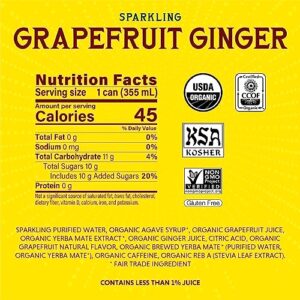 Guayaki Yerba Mate, Sparkling Clean Energy Drink Alternative, Organic Grapefruit Ginger, 12oz Cans (Pack of 12), 45 Calories Per Can, 80mg Caffeine