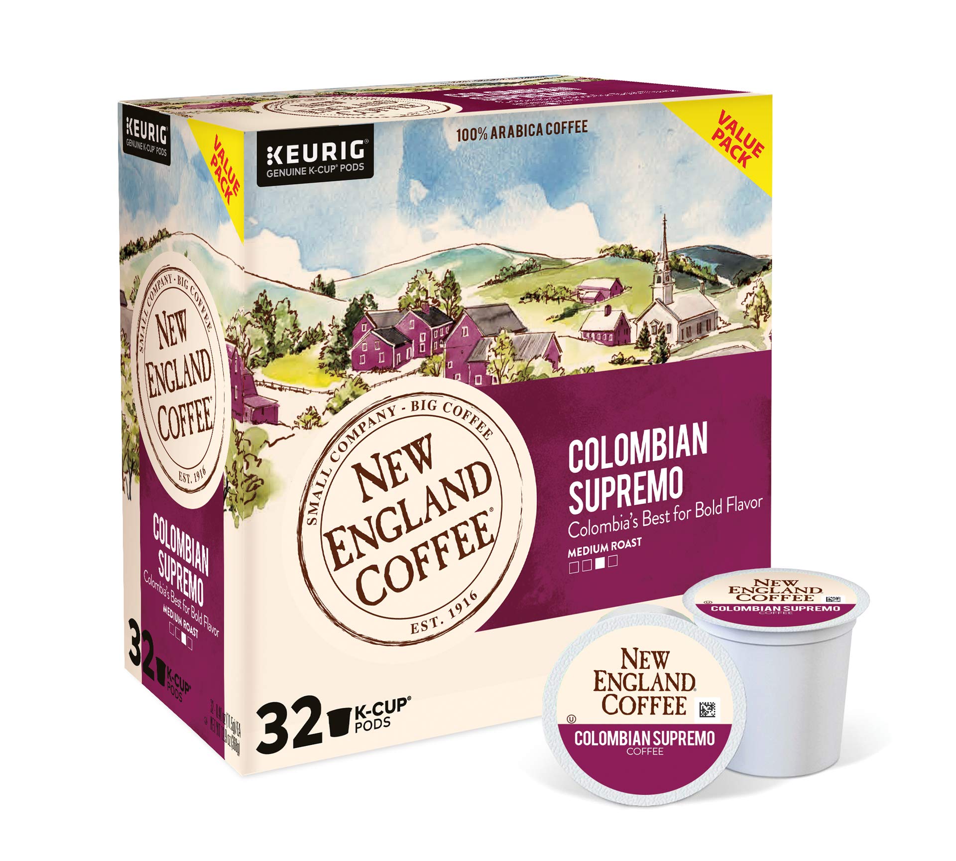 New England Coffee Colombian Supremo Medium-Roast K-Cup Coffee Pods, 32 Count, Intense Flavor & Rich Aroma