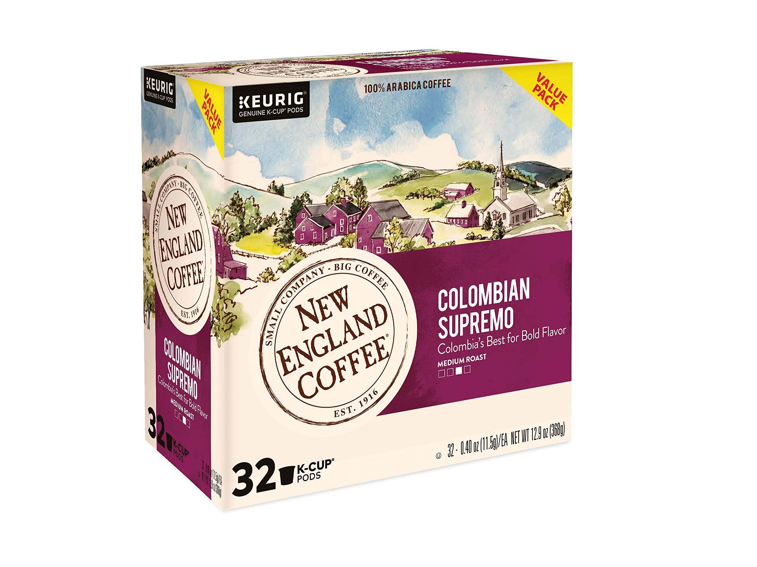 New England Coffee Colombian Supremo Medium-Roast K-Cup Coffee Pods, 32 Count, Intense Flavor & Rich Aroma