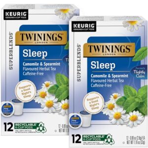 twinings nightly calm herbal tea k-cup pods for keurig - sleep tea, bedtime caffeine-free tea blend, soothing chamomile, relaxing spearmint, subtle lemongrass flavor, 12 count (pack of 2)