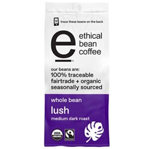ethical bean fairtrade organic coffee, lush medium dark roast, whole bean coffee (12 oz bag), lush medium dark roast, 0.75 lb
