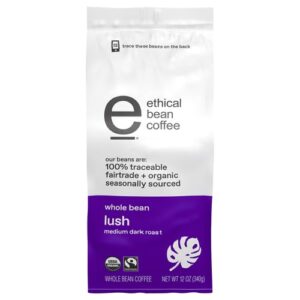 Ethical Bean Fairtrade Organic Coffee, Lush Medium Dark Roast, Whole Bean Coffee (12 Oz Bag), Lush Medium Dark Roast, 0.75 Lb