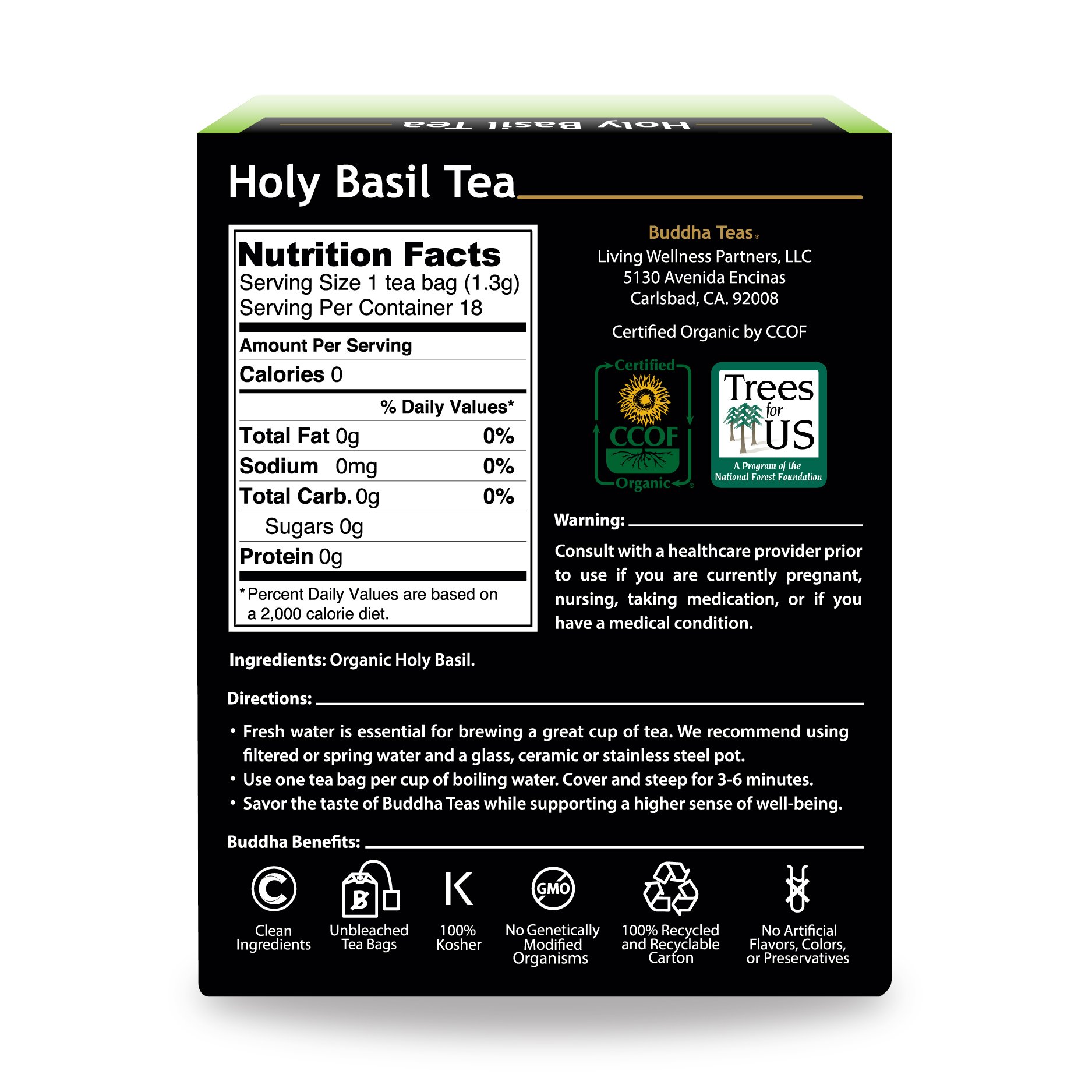 Buddha Teas - Holy Basil - Organic Herbal Tea - For Cognitive Balance & Overall Health - Ayurvedic Tulsi - With Antioxidants - Caffeine Free - 100% Kosher & Non-GMO - 18 Tea Bags (Pack of 1)