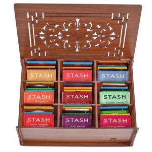 eva's gift universe, stash tea bags sampler assortment box (80 count) 28 flavors perfect variety pack in wood (mdf) gift organizer storage gifts for mom dad family friends coworker women men (brown)