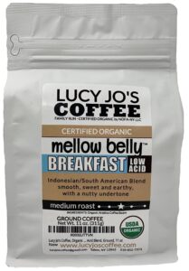 lucy jo's coffee, organic mellow belly breakfast low acid blend, medium roast, ground, 11 oz