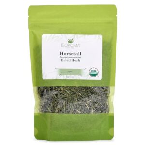 pure and organic biokoma horsetail herb organic dried leaves in resealable pack moisture proof pouch, horsetail tea organic 50g usda certified organic, no additives, no preservatives, no gmo