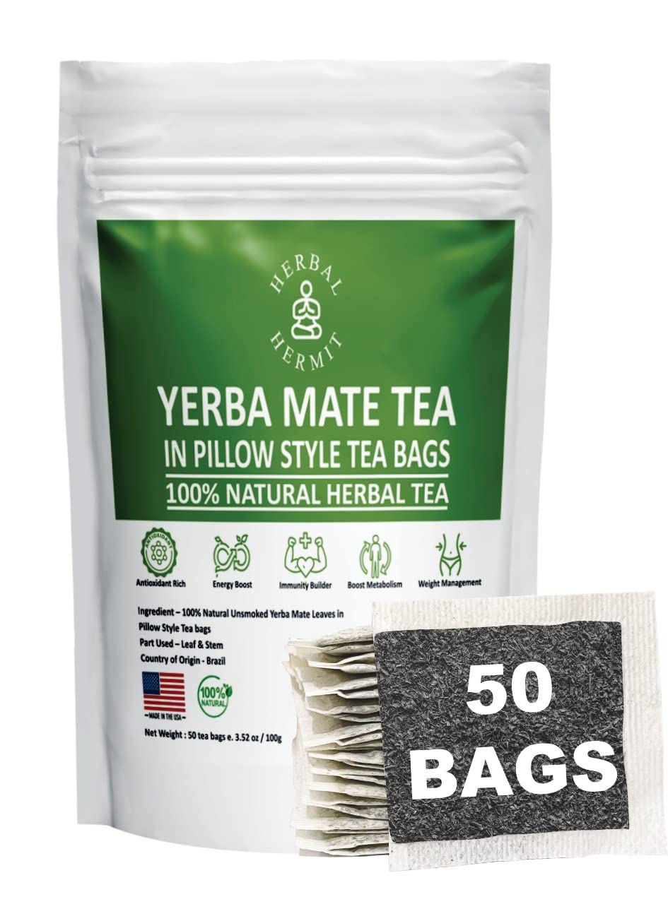 Herbal Hermit Yerba Mate herbal-teas with 50 tea bags Natural Organic Yerba Matte Rich in Chlorophyll, Antioxidants and Vitamins, Made in USA