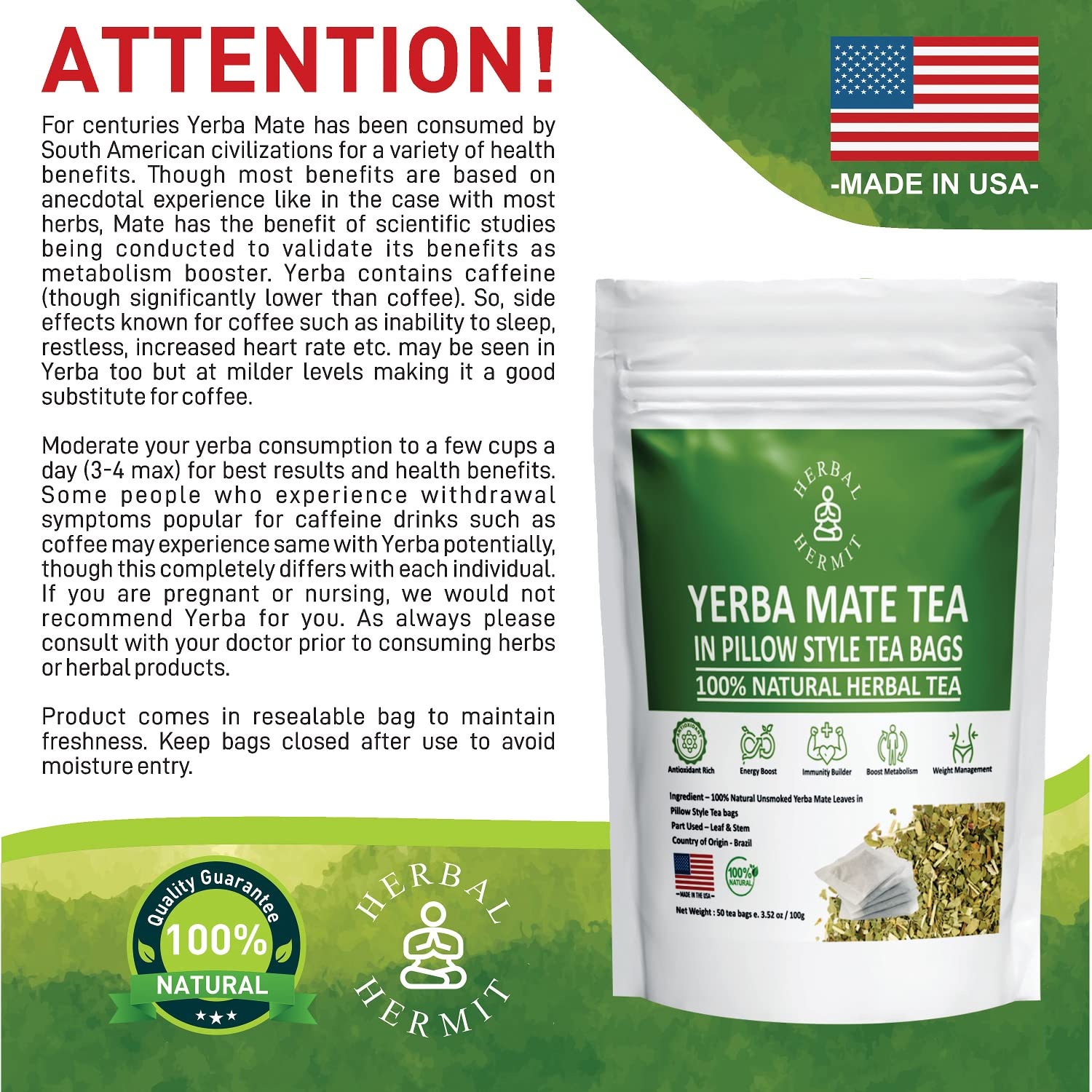 Herbal Hermit Yerba Mate herbal-teas with 50 tea bags Natural Organic Yerba Matte Rich in Chlorophyll, Antioxidants and Vitamins, Made in USA