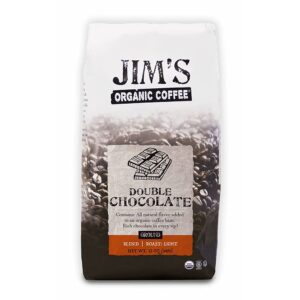 jim’s organic coffee – double chocolate, all natural flavored blend – light roast, ground coffee, 12 oz bag