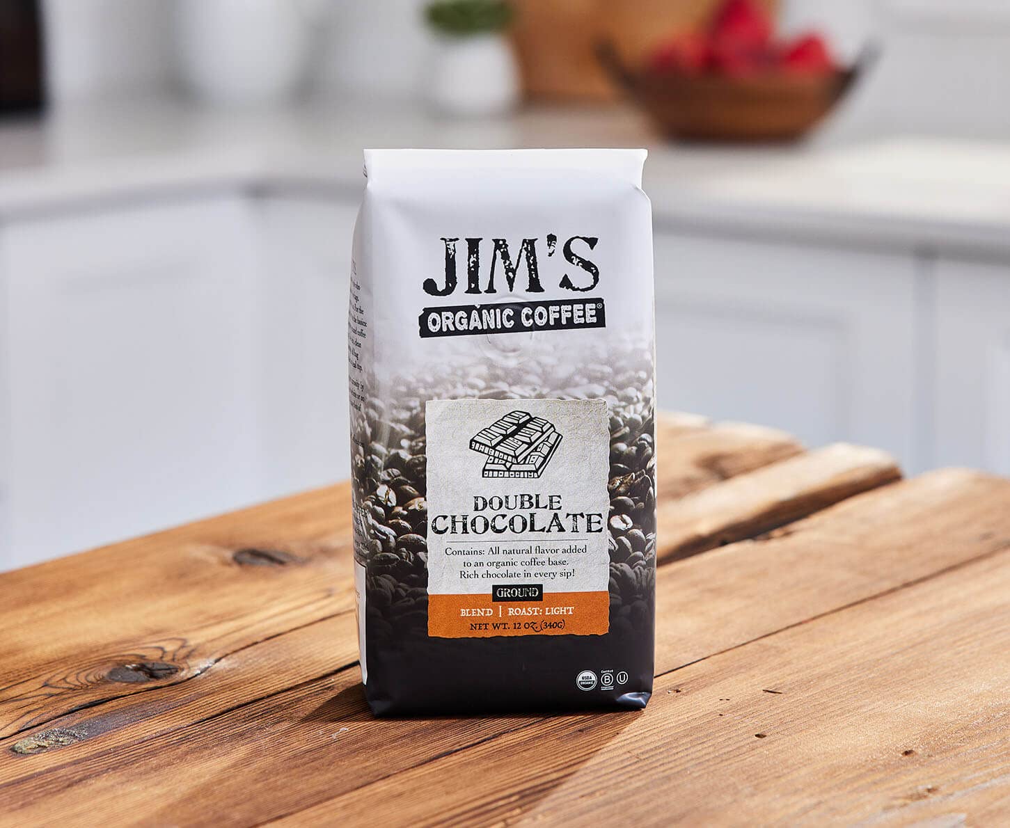 Jim’s Organic Coffee – Double Chocolate, All Natural Flavored Blend – Light Roast, Ground Coffee, 12 oz Bag