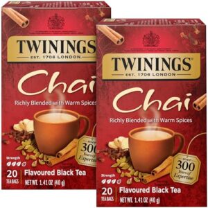 twinings chai tea, caffeinated black tea naturally flavored with aromatic spices and ginger, tea bags individually wrapped, 20 count ea (pack of 2)