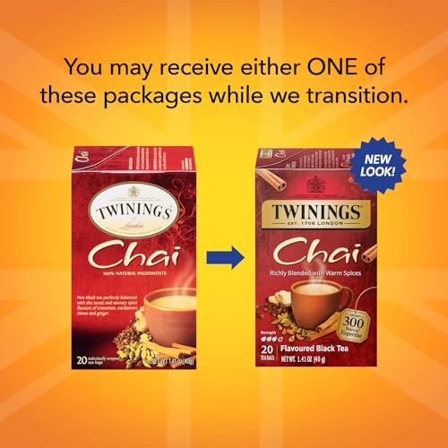 Twinings Chai Tea, Caffeinated Black Tea Naturally Flavored with Aromatic Spices and Ginger, Tea Bags Individually Wrapped, 20 Count Ea (Pack of 2)