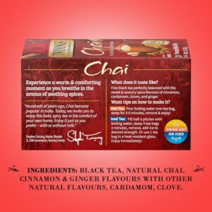 Twinings Chai Tea, Caffeinated Black Tea Naturally Flavored with Aromatic Spices and Ginger, Tea Bags Individually Wrapped, 20 Count Ea (Pack of 2)