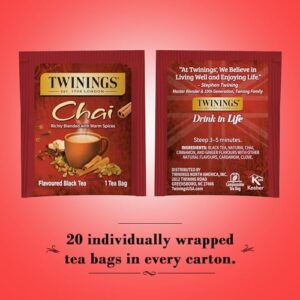 Twinings Chai Tea, Caffeinated Black Tea Naturally Flavored with Aromatic Spices and Ginger, Tea Bags Individually Wrapped, 20 Count Ea (Pack of 2)