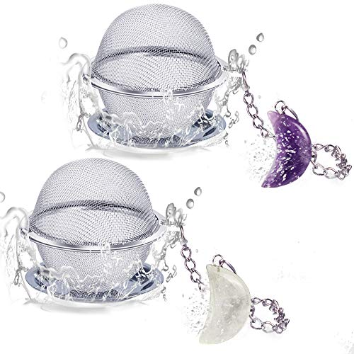 2pcs Tea Infuser, Scdom Stainless Steel Ball Mesh Tea Strainer, Amethyst & White Crystal Moon Pendant Tea Ball Tea Filter with Extended Chain Hook for Brew Fine Loose Tea and Spices & Seasonings