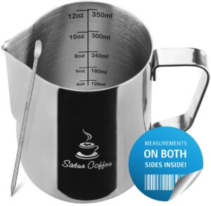 milk frothing pitcher 12oz 350ml - milk jug 12 20 30oz - measurements on both sides inside plus ebook - stainless steel milk frother pitcher espresso cappuccino coffee latte art cup steaming pitcher