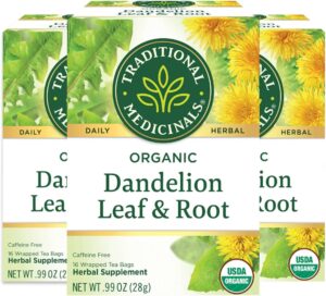 traditional medicinals organic dandelion leaf & root herbal tea, supports kidney function & healthy digestion, (pack of 3) - 48 tea bags total