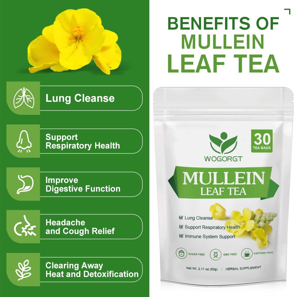 Mullein Tea Bags - Organic Mullein Leaf Tea for Lungs Cleanse and Respiratory Support, Caffeine Free - 30 Tea Bags