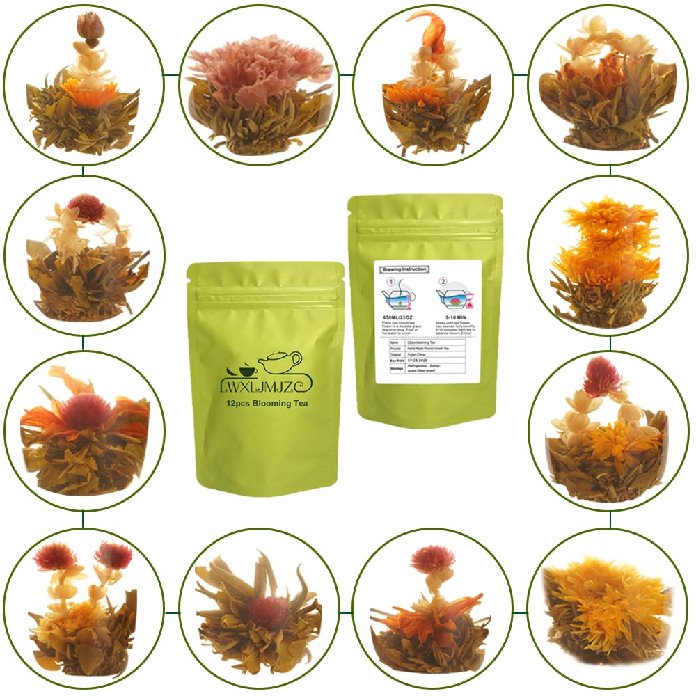 LWXLJMJZC－12pcs Individually Wrapped Blooming Tea，Jasmine Flowering Tea, Green Tea with Flowers－Gifts For Tea Lovers (12 Different Flavors)