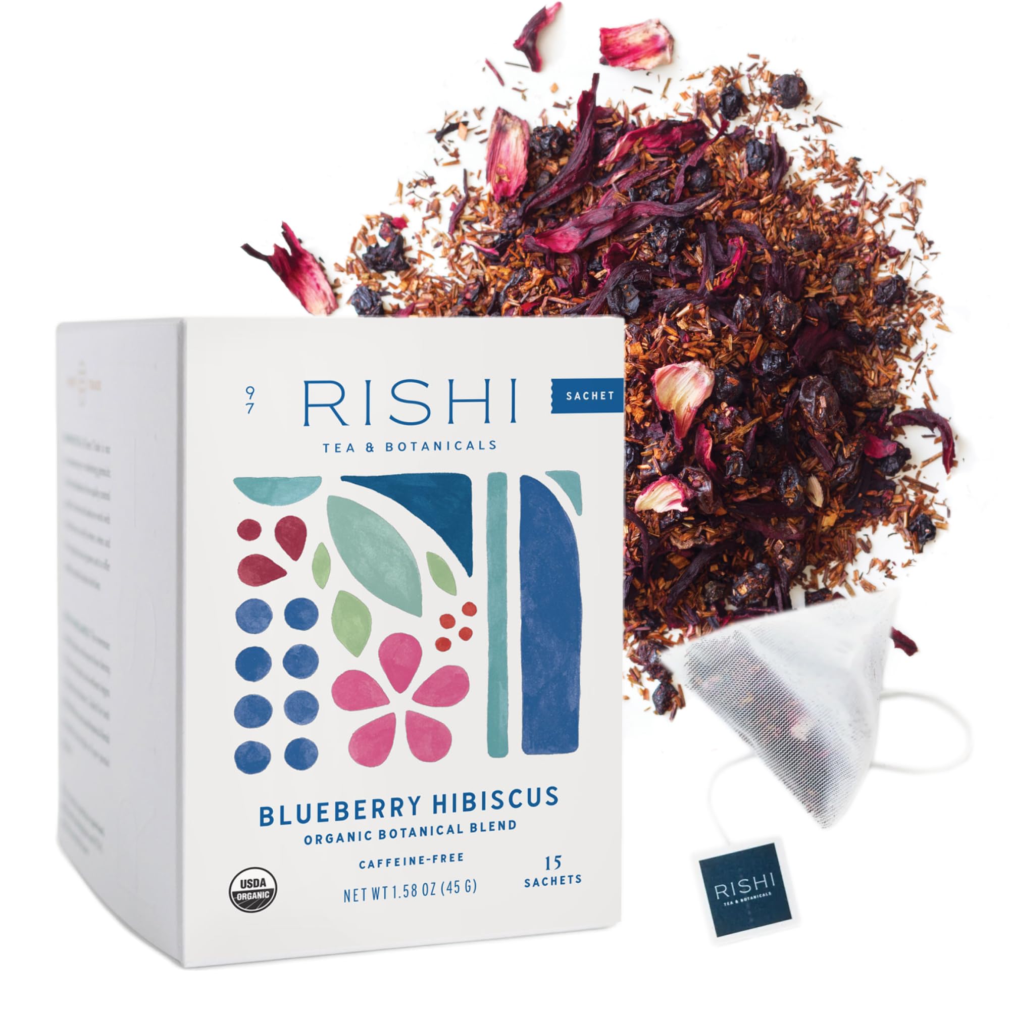 Rishi Tea Blueberry Hibiscus Herbal Tea - USDA Organic, Direct Trade Sachet Tea Bags, Antioxidants, Caffeine Free, Sweet, Tangy - 15 Count (Pack of 1)