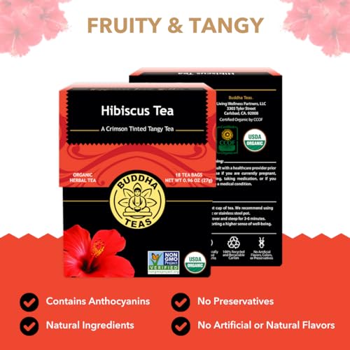 Buddha Teas - Hibiscus - Organic Herbal Tea - For Health & Wellbeing - With Antioxidants, Vitamin C & Bioflavonoids - Caffeine Free - 100% Kosher & Non-GMO - 18 Tea Bags (Pack of 1)