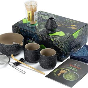 TEANAGOO Matcha Set Matcha Whisk Matcha Bowl with Pouring Spout Scoop Matcha Whisk Holder Tea Making Kit. 1 Japanese Tea Set (7pcs) + 2Cups(7.2oz),S1,Charcoal Grey,Color Box Packing