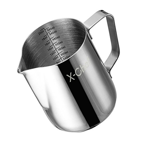 Milk Frothing Pitcher, X-Chef Milk Frother Cup, 20 oz, Metal Frothing Cup Stainless Steel, Milk Steaming Pitcher Espresso Coffee Latte Frother Cup Barista Tools for Coffee Bar (600 ml)