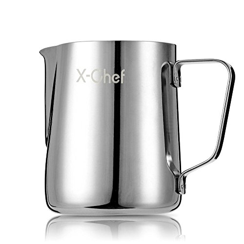 Milk Frothing Pitcher, X-Chef Milk Frother Cup, 20 oz, Metal Frothing Cup Stainless Steel, Milk Steaming Pitcher Espresso Coffee Latte Frother Cup Barista Tools for Coffee Bar (600 ml)