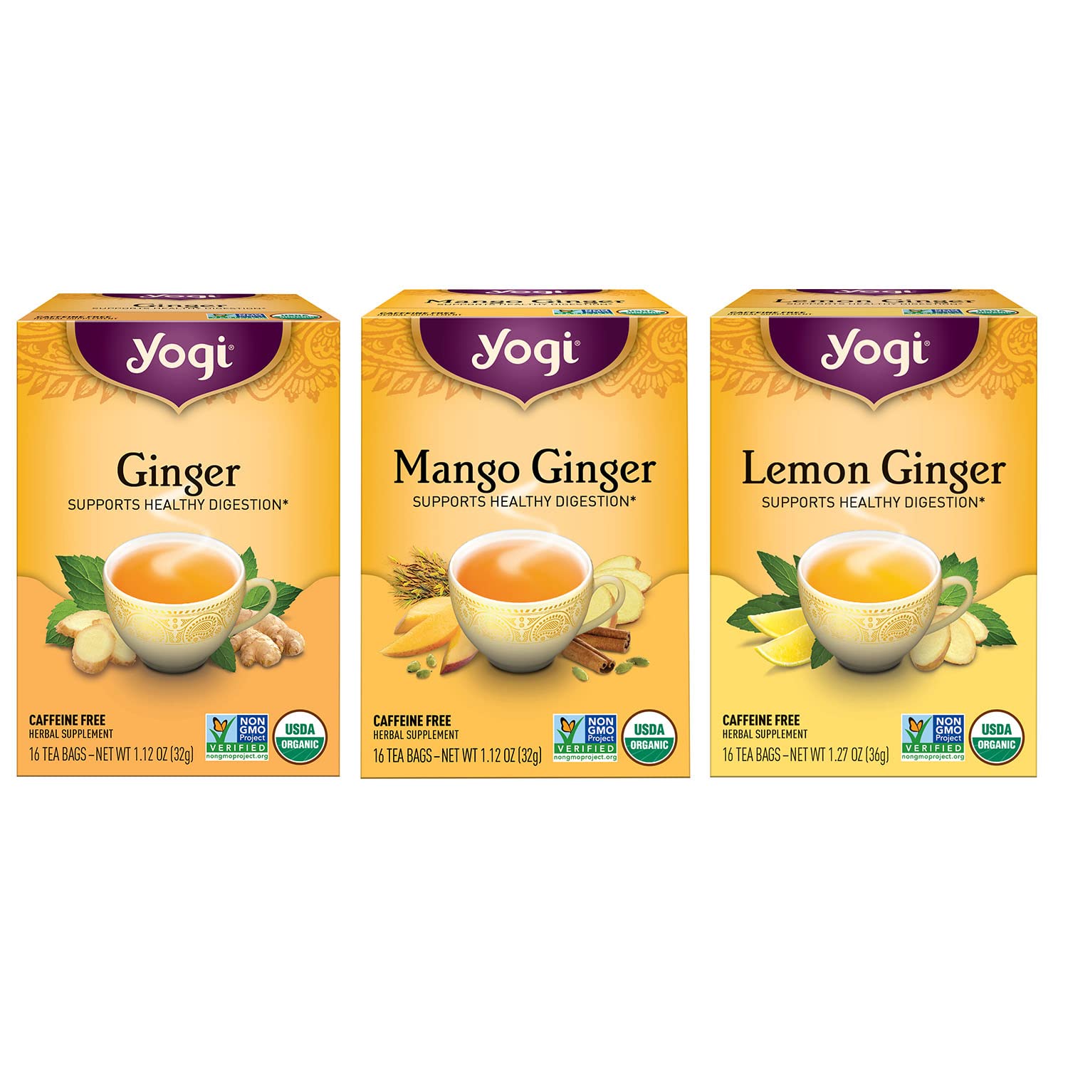 Yogi Tea Ginger Tea Variety Pack - 16 Tea Bags per Pack (3 Packs) - Caffeine-Free Digestive Teas - Organic Ginger Teas - Includes Ginger Tea, Mango Ginger Tea & Lemon Ginger Tea